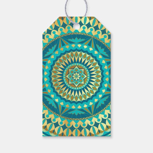 Blauw Gouden Fantasie Mandala Cadeaulabel (Voorkant)