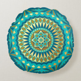Blauw Gouden Fantasie Mandala Rond Kussen