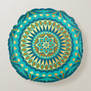 Blauw Gouden Fantasie Mandala Rond Kussen