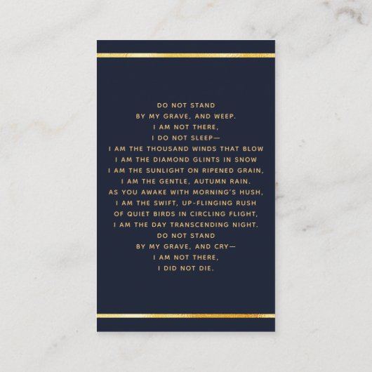 Blauw gouden foto bloemenbegrafenis gebedskaart visitekaartje (Achterkant)