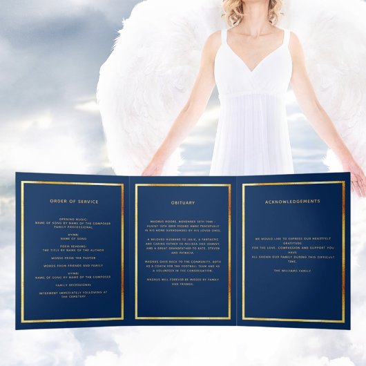 Blauw gouden foto-elegant drieledig begrafenisprog drieluik aankondiging