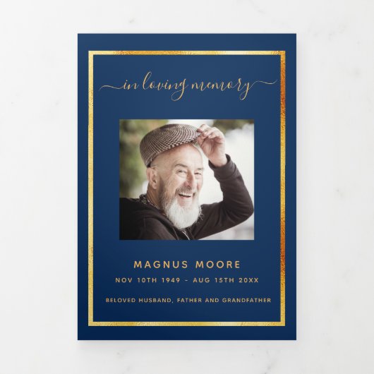 Blauw gouden foto-elegant drieledig begrafenisprog drieluik aankondiging (Cover)