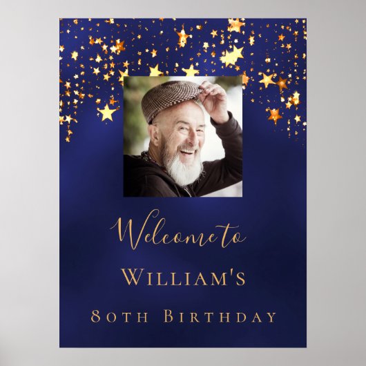 Blauw gouden foto sterren welkom verjaardag poster (Voorkant)