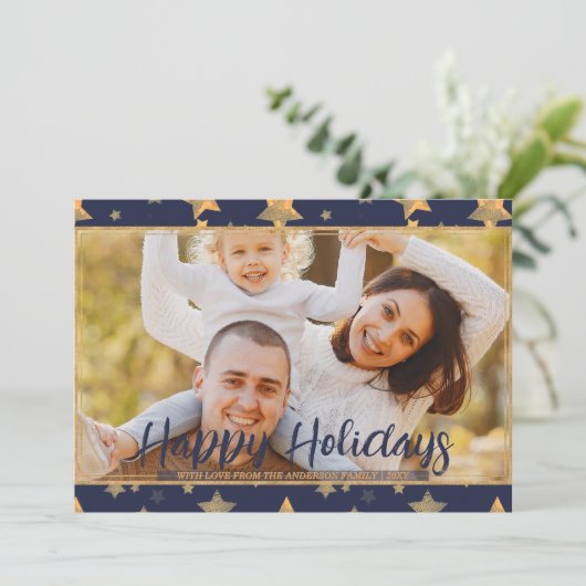 Blauw Gouden Foto Unieke Feestelijke Moderne Kerst Feestdagenkaart (Staand voorkant)