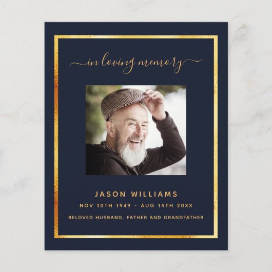 Blauw gouden fotoelegant begrafenisprogramma (Voorkant)