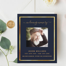 Blauw gouden fotoelegant begrafenisprogramma