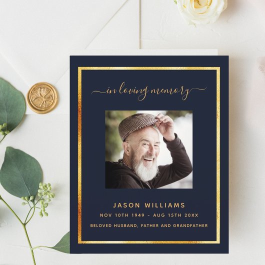 Blauw gouden fotoelegant begrafenisprogramma