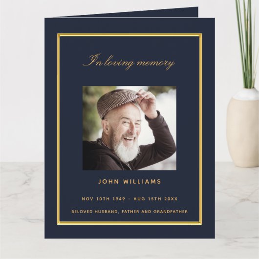 Blauw gouden fotoelegant begrafenisprogramma bedankkaart (Voorkant)