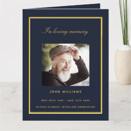Blauw gouden fotoelegant begrafenisprogramma bedankkaart