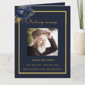 Blauw gouden fotoelegant begrafenisprogramma bedankkaart (Voorkant)