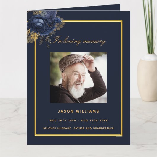 Blauw gouden fotoelegant begrafenisprogramma bedankkaart (Voorkant)