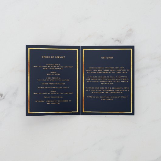 Blauw gouden fotoelegant begrafenisprogramma bedankkaart (Binnen)