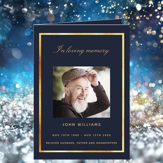 Blauw gouden fotoelegant begrafenisprogramma bedankkaart