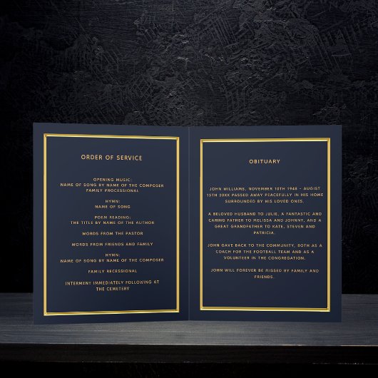 Blauw gouden fotoelegant begrafenisprogramma bedankkaart