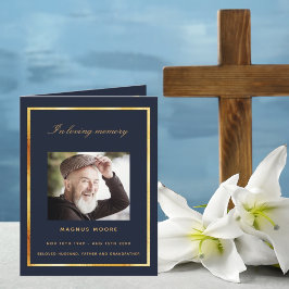 Blauw gouden fotoelegant begrafenisprogramma bedankkaart