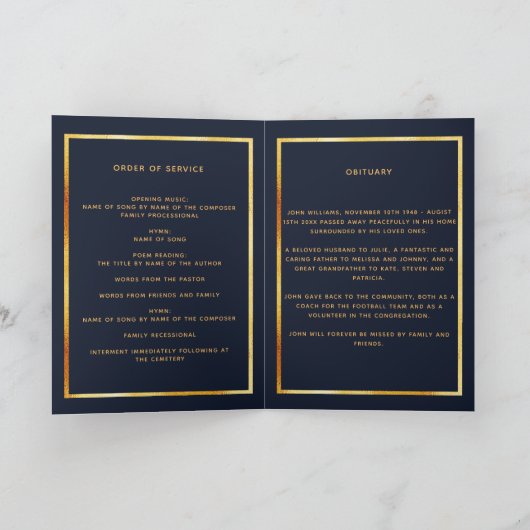 Blauw gouden fotoelegant begrafenisprogramma bedankkaart (Binnen)