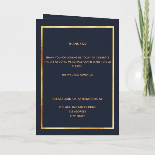 Blauw gouden fotoelegant begrafenisprogramma bedankkaart (Achterkant)