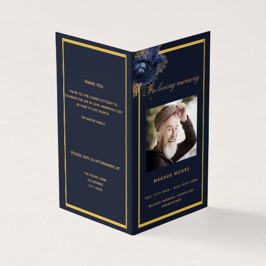Blauw gouden fotoelegant begrafenisprogramma kaart (Buitenkant)