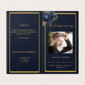 Blauw gouden fotoelegant begrafenisprogramma kaart (Buitenkant ongevouwen)