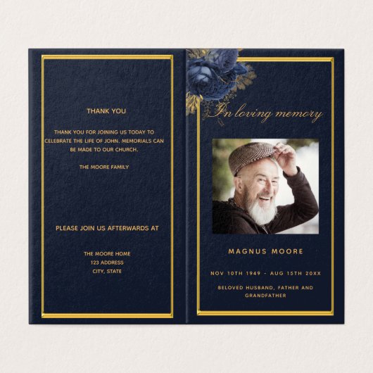 Blauw gouden fotoelegant begrafenisprogramma kaart (Buitenkant ongevouwen)