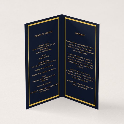 Blauw gouden fotoelegant begrafenisprogramma kaart (Binnen)