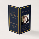 Blauw gouden fotoelegant begrafenisprogramma kaart (Buitenkant)