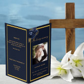 Blauw gouden fotoelegant begrafenisprogramma kaart