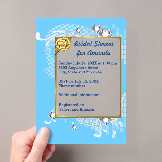 Blauw & Gouden Frame & Diamanten Bruidsfeest Afbee Acryl Uitnodigingen (Insitu (Draagbaar))