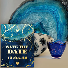 Blauw Gouden Galaxy Agaat Bruiloft SAVE THE DATE Folie Uitnodiging Briefkaart
