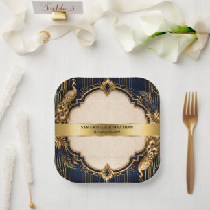 Blauw gouden gatsby pauw huwelijksdiner papieren bordje