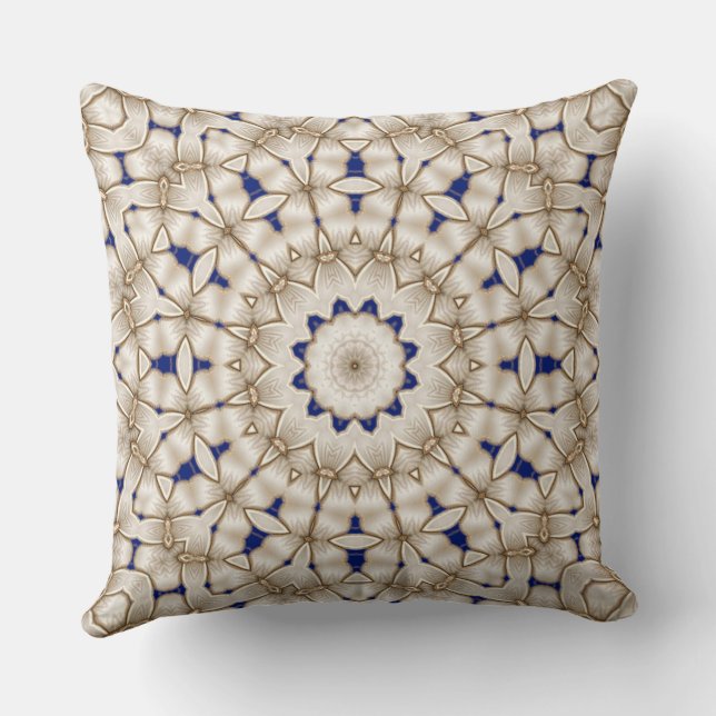 Blauw Gouden Geometrisch Bloemenkussen Kussen (Achterkant)