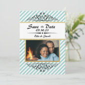 Blauw/gouden gestreepte Save the Date platte fotok (Staand voorkant)