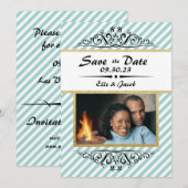 Blauw/gouden gestreepte Save the Date platte fotok (Voorkant / Achterkant)
