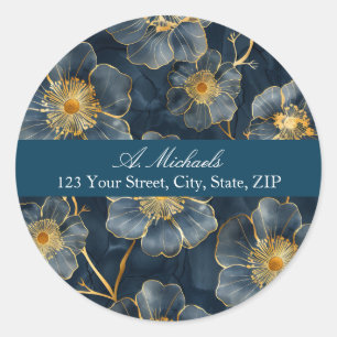Blauw Gouden Glitter Bloemen Rond Adreslabel Ronde Sticker