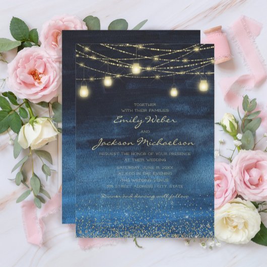Blauw Gouden Glitter Fee Lichtjes Bruiloft Kaart