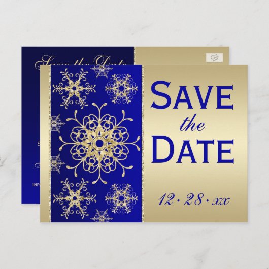 Blauw, Gouden Glitter Sneeuwvlokken Save Datum Bri Aankondigingskaart (Voorkant / Achterkant)