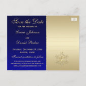 Blauw, Gouden Glitter Sneeuwvlokken Save Datum Bri Aankondigingskaart (Achterkant)