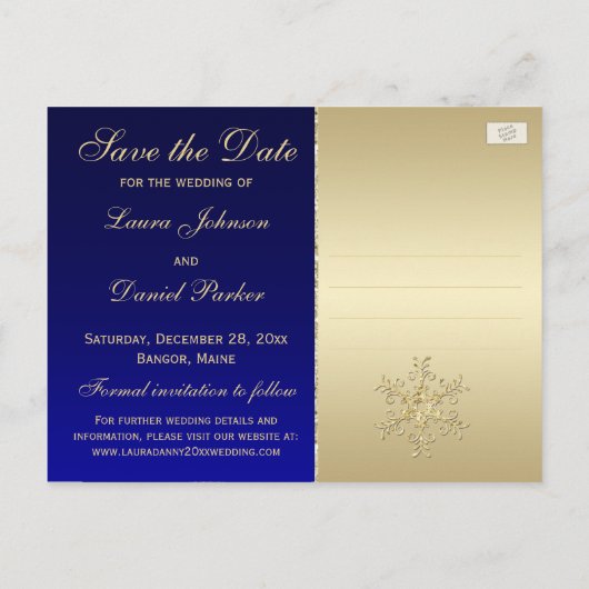 Blauw, Gouden Glitter Sneeuwvlokken Save Datum Bri Aankondigingskaart (Achterkant)