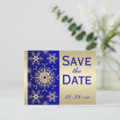 Blauw, Gouden Glitter Sneeuwvlokken Save Datum Bri Aankondigingskaart (Staand voorkant)
