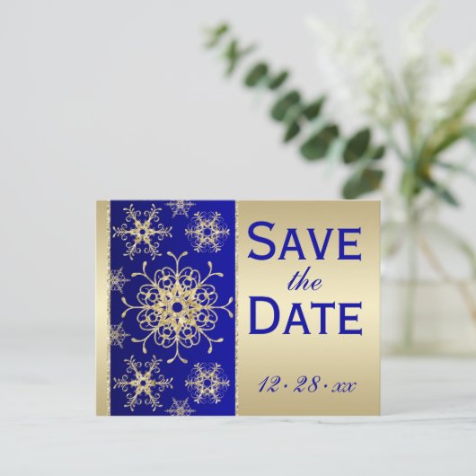 Blauw, Gouden Glitter Sneeuwvlokken Save Datum Bri Aankondigingskaart (Staand voorkant)