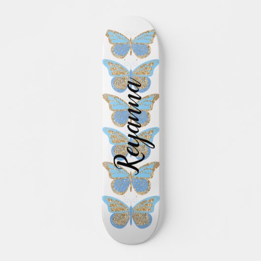 Blauw Gouden Glitter Vlinders Persoonlijk Skateboard (Voorkant)