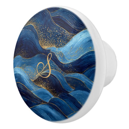 Blauw Gouden Golf Monogram Kunstontwerp Keramische Knop (Rechts)