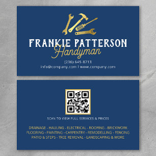 Blauw Gouden Handyman Reparatie & Onderhoud QR Cod Visitekaartje