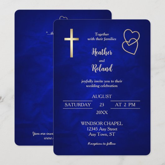 Blauw Gouden Harten Christelijk Kruis Bruiloft Kaart (Voorkant / Achterkant)