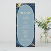 Blauw Gouden Hemelse Elegante Sterrenhemel Bruilof Menu (Staand voorkant)