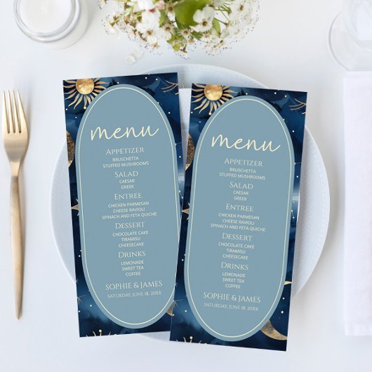 Blauw Gouden Hemelse Elegante Sterrenhemel Bruilof Menu