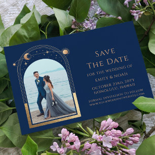 Blauw Gouden Hemelse Zon Maan Sterren Trouwfoto Save The Date