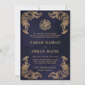 Blauw  Gouden Hoek Islamitische Moslim Bruiloft Kaart (Voorkant)