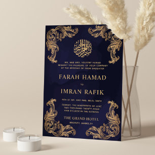 Blauw  Gouden Hoek Islamitische Moslim Bruiloft Kaart