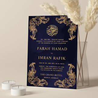 Blauw  Gouden Hoek Islamitische Moslim Bruiloft Kaart